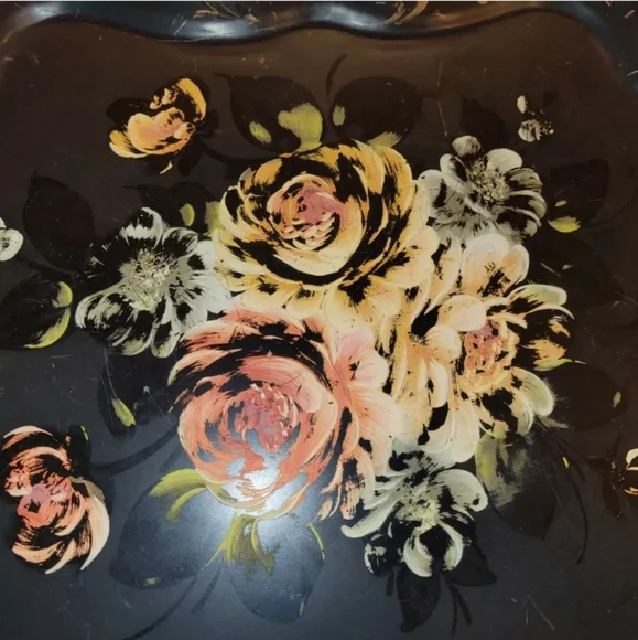 Vintage 1950 Metal Serving Tray Toleware Hand Painted Pink Roses Shabby Chic - Picture 11 of 12